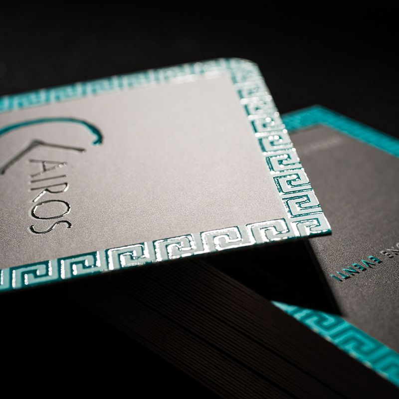 Professional embellished business cards featuring striking turquoise edge trim and refined finishes. These noble cards elevate your brand identity with eye-catching colored edge details and decorative accents. Ideal for professionals who demand premium cards that reflect their style and leave a lasting impression.