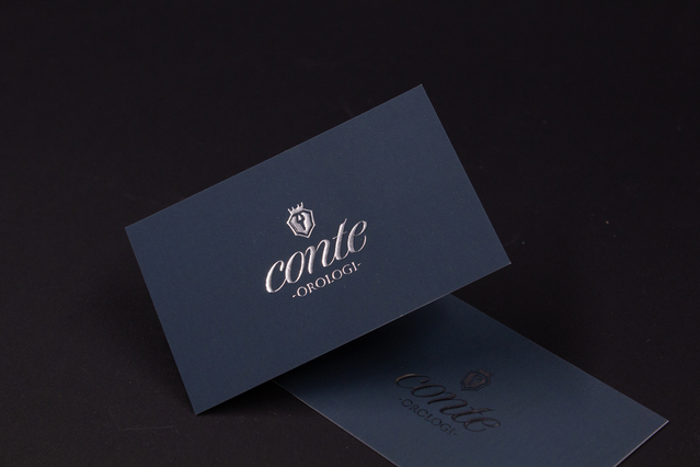 Dark blue 3D gold business card Conte Orologio Dark navy square business cards Conte Orologio with embossed silver crest and gold UV 3D logo. Sprint24.