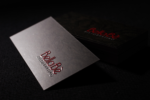 Elegant restaurant business cards with red foil stamping Premium foil-stamped business cards with red metallic finish for fine dining establishments. Sprint24.