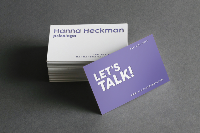 Double-sided cards Hanna Heckman psychologist white front purple back with Lets Talk message. Sprint24.