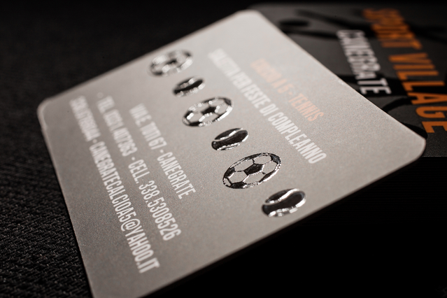 Dark metallic business card with rounded corners UV gloss football icons for sports clubs. Sprint24.