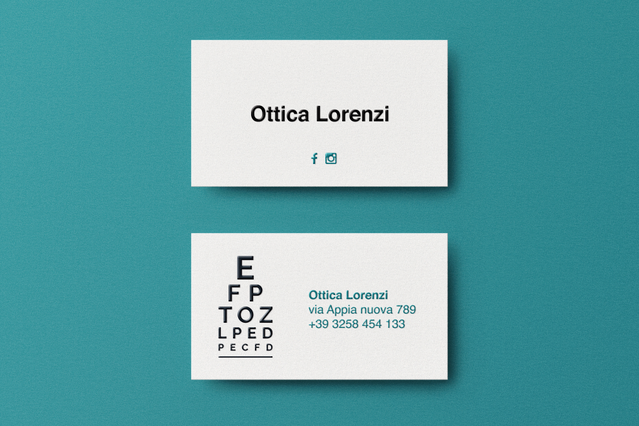 Two-sided UV business card mockup Ottica Lorenzi optician with eye chart and social icons. Sprint24.