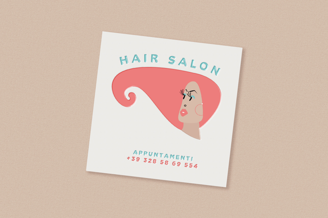 Square Hair Salon business card with stylised woman illustration and pink hair appointment number. Sprint24.