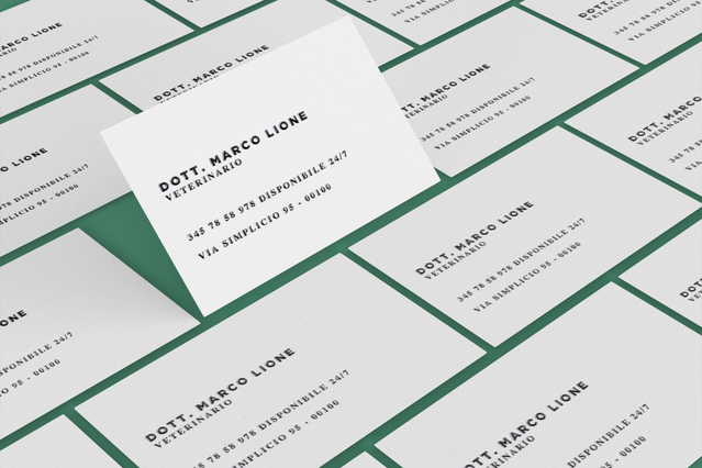 White UV business cards Dott Marco Lione veterinarian with black typography and green border. Sprint24.